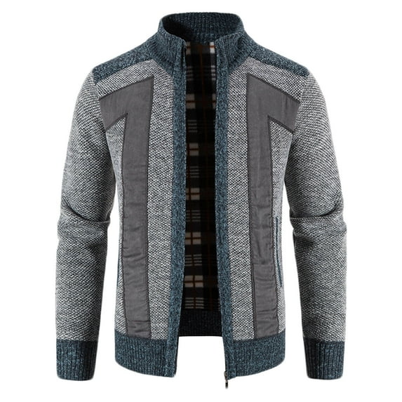 IROINNID Men's Long Sleeve Stand Collar Mid-Length Cardigan Jacket Solid Color Comfy Patchwork Knitting Cardigan Sweater Coats