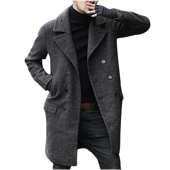 IROINNID Men's Long Sleeve Trench coat Notch Lapel Mid-Long Coat Solid Color Comfy Winter Turndown Keep Warm Double Breasted Windbreaker Coat