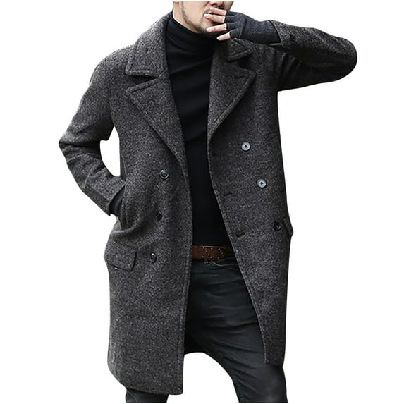 IROINNID Men's Long Sleeve Trench coat Notch Lapel Mid-Long Coat Solid Color Comfy Winter Turndown Keep Warm Double Breasted Windbreaker Coat