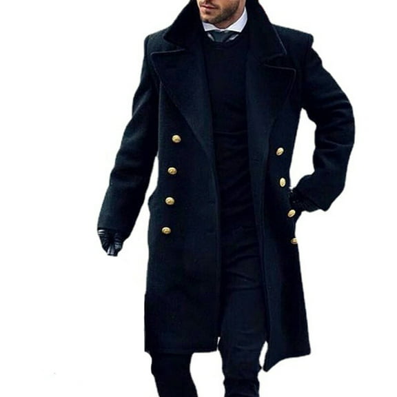 IROINNID Men's Long Sleeve Trench coat Peak Lapel Thigh-Length Jacket Solid Color Leisure Winter Slim Long Single-breasted Woolen Trench Coat