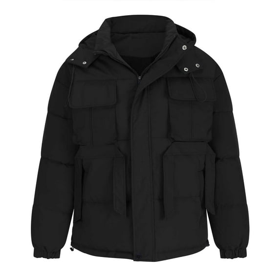 IROINNID Men's Long Sleeve V-Neck Anorak Jacket Short Hooded Jacket Solid Color Loose Tooling Warm Plus Velvet Thick Closure Coat