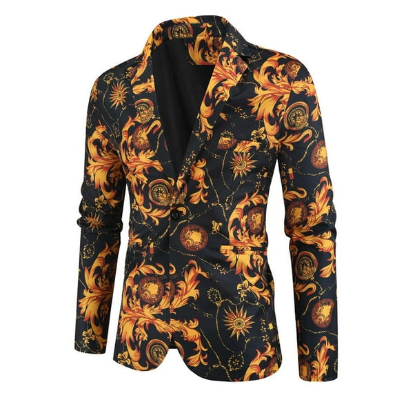 IROINNID Men's Long Sleeve V-Neck Blazer Notch Lapel Mid-Length Jacket Print Casual Suit Single One Button Back Slit Suit Collar Dress Performance Dress Suit Jacket Blazer