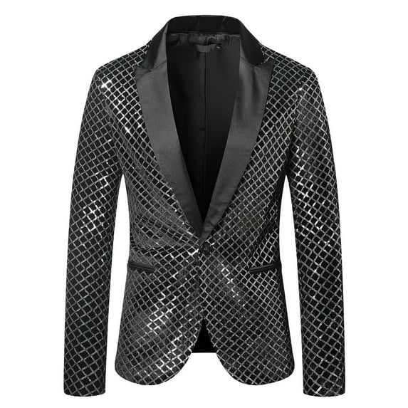 IROINNID Men's Long Sleeve V-Neck Blazer Peak Lapel Short Jacket Solid Color Leisure One Button Sequin Beaded Suit Performance Suit Top Suit Coat Blazer