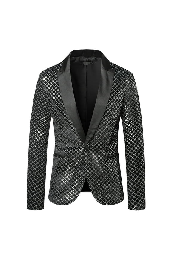 Men's Long Sleeve V-Neck Blazer Peak Lapel Short Jacket Solid Color Leisure One Button Sequin Beaded Suit Performance Suit Top Suit Coat Blazer