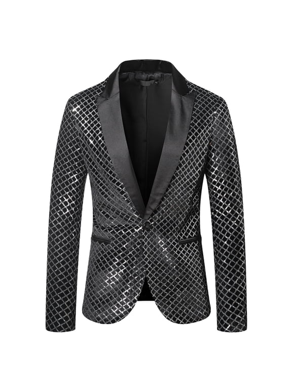 Men's Long Sleeve V-Neck Blazer Peak Lapel Short Jacket Solid Color Leisure One Button Sequin Beaded Suit Performance Suit Top Suit Coat Blazer