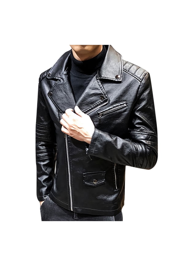 Men's Long Sleeve V-Neck Faux Leather Notch Lapel Mid-Length Jacket Solid Color Comfy Autumn Spring And Autumn Faux Leather Jacket