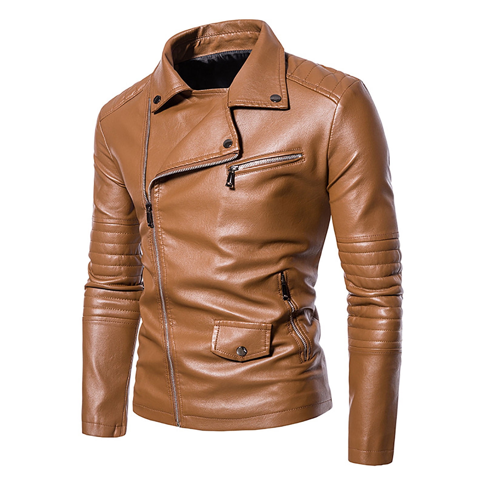 IROINNID Men's Long Sleeve V-Neck Faux Leather Notch Lapel Mid-Length Jacket Solid Color Comfy Autumn Spring And Autumn Faux Leather Jacket