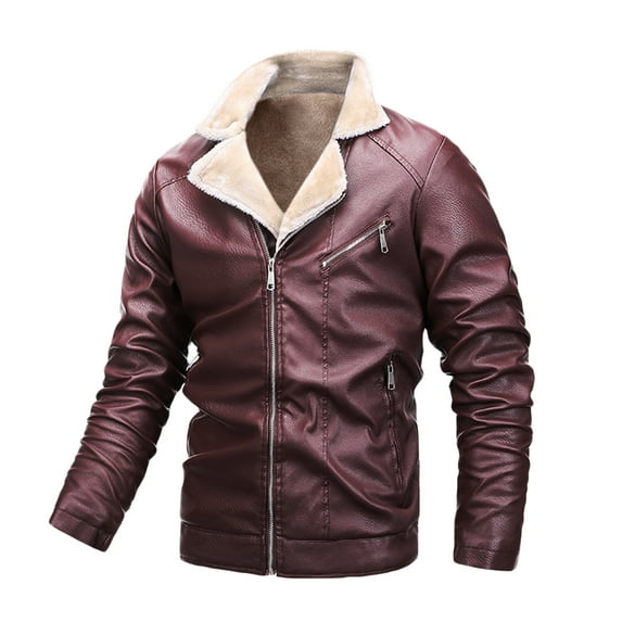 IROINNID Men's Long Sleeve V-Neck Faux Leather Notch Lapel Mid-Length Jacket Solid Color Loose Retro Motorcycle Plus Velvet Turndown Leather Winter Jacket Coats