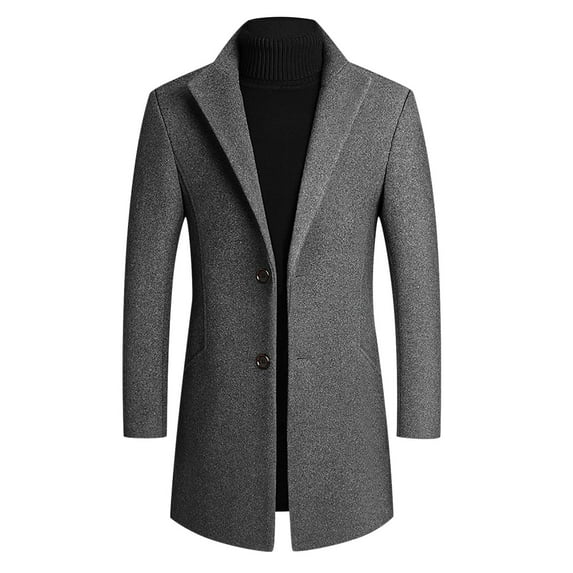 IROINNID Men's Long Sleeve V-Neck Trench coat Stand Collar Thigh-Length Coat Solid Color Leisure Single-breasted Suit Business Suit Wool Coat