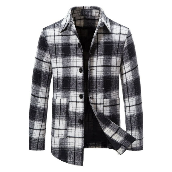 IROINNID Men's Long Sleeve Woolen Turndown Lapel Mid-Length Jacket Plaid Comfy Autumn And Winter Woolen Overcoat