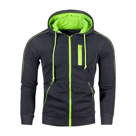 IROINNID Men's Long Sleeve Zip Up Mid-Length Hooded Jacket Solid Color Leisure Sports Sweater Coat Color Contrast Pocket Drawstring Coat Cardigan Jack Top