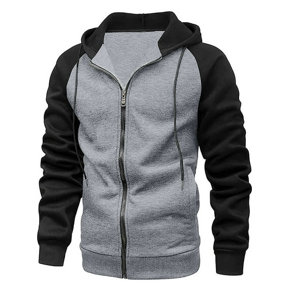 IROINNID Men's Long Sleeve Zip Up Mid-Length Hooded Jacket Contrast Color Comfy Patchwork Brushed Outwear Jacket