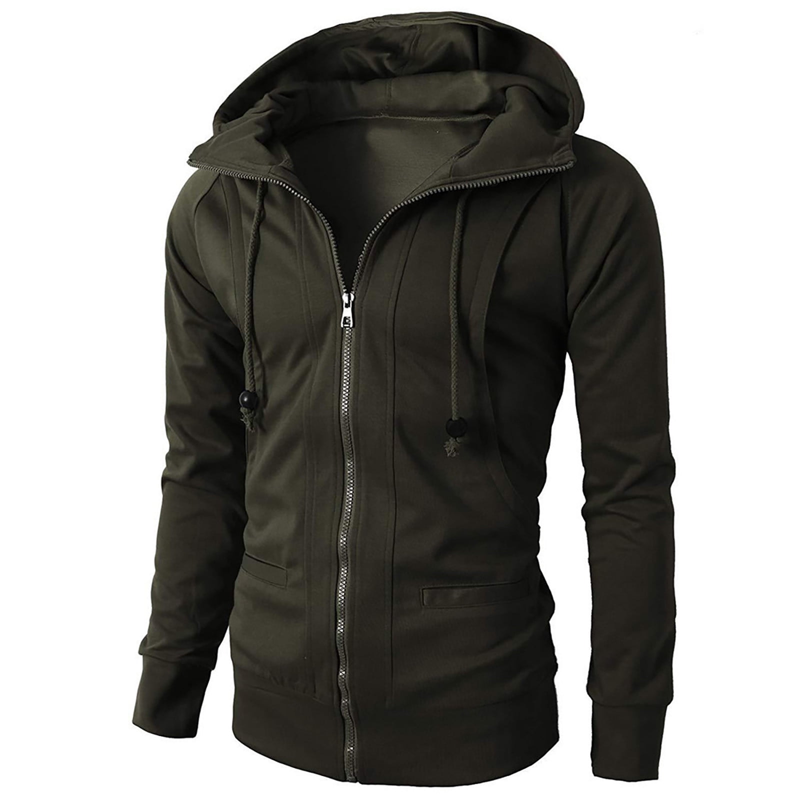 Men's Zip-Up Long Hooded Fleece Jacket with Adjustable Drawstring Hood - Warm & Stylish Outerwear