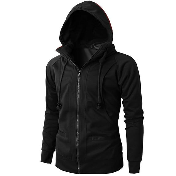 IROINNID Men's Long Sleeve Zip Up Mid-Length Hooded Jacket Solid Color Loose Autumn Winter Sport Hooded Pullover Blouse Tops