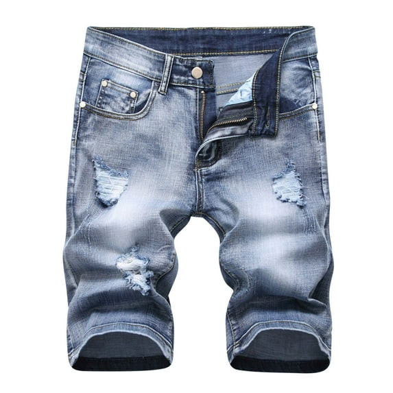 IROINNID Men's Mid-length Denim Shorts Zipper Elastic Waist Performance Classic Casual Ripped Jeans Shorts, Light Blue