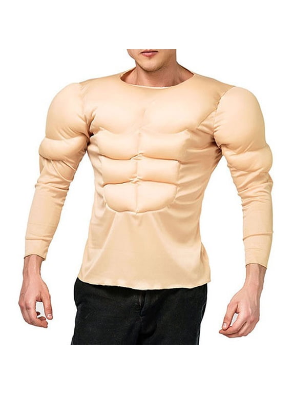 Men's Muscle Padded Shirt Long Sleeve Crewneck Fake Abs Chest Bump Effect Halloween Party Outfit Novelty Top for Themed Events and Fun Wear