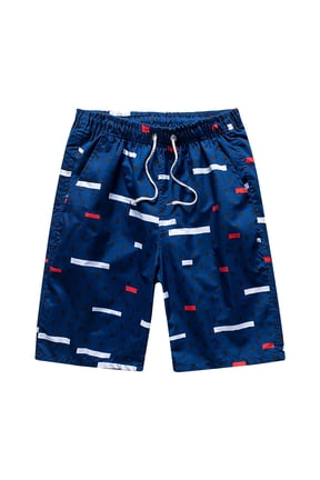Men's Navy Blue Abstract Dash Print Quick Dry Beach Shorts Drawstring Waist with Side Pockets Lightweight Summer Vacation Swim Trunks