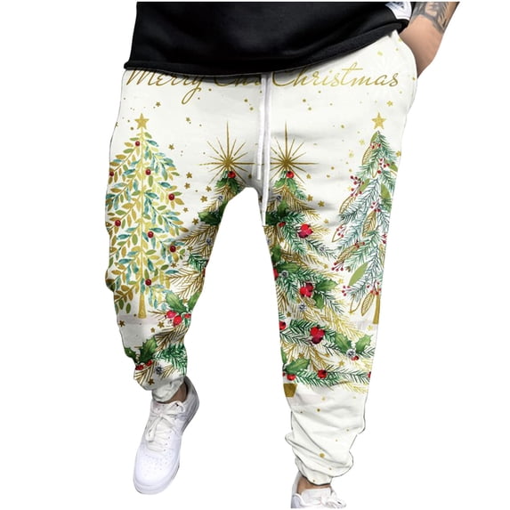 IROINNID Men's Pants Relaxed Cigarette Christmas Warm Trousers Print Elastic Waist Pants