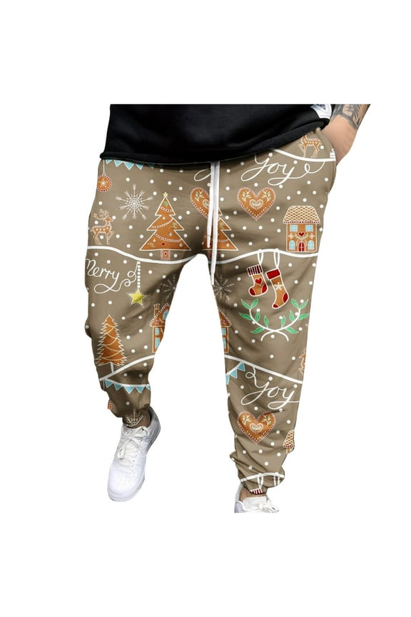 Men's Pants Relaxed Cigarette Christmas Warm Trousers Print Elastic Waist Pants
