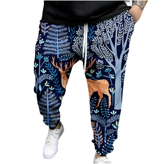 IROINNID Men's Pants Relaxed Cigarette Christmas Warm Trousers Print Elastic Waist Pants