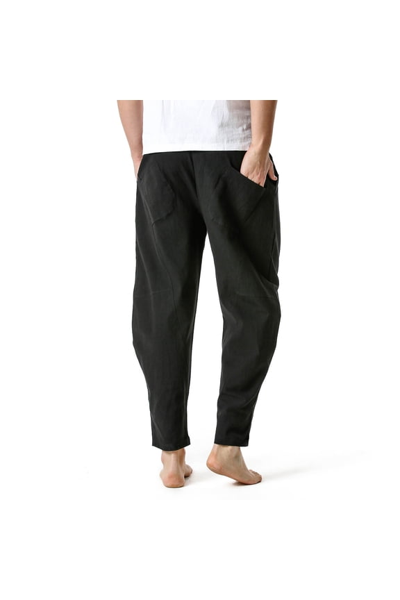 Men's Pants Relaxed Cigarette Linen Cotton Loose Lightweight Pants Yoga Home Pants Solid Color Elastic Waist Pants