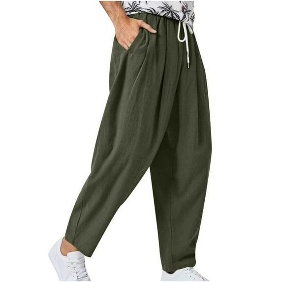 IROINNID Men's Pants Relaxed Cigarette Linen Mid Waist Tie Trousers Bloomers Pants Solid Color Comfort Waist Pants