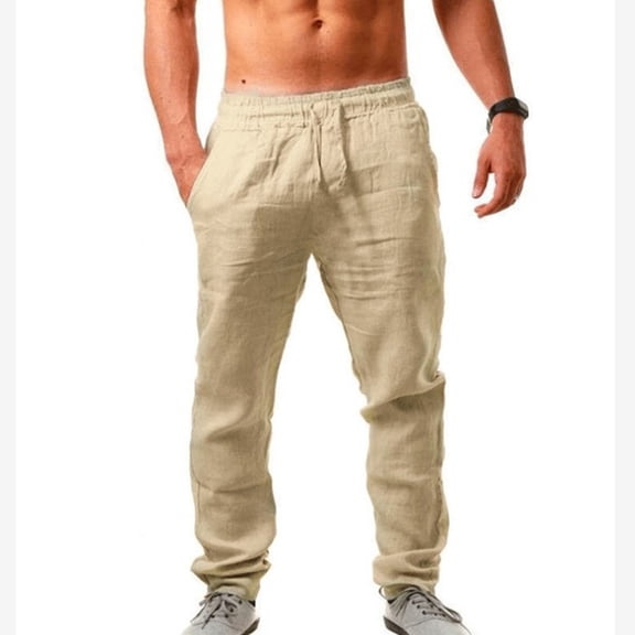 IROINNID Men's Pants Relaxed Pants Breathable Cotton Linen Loose Pants Solid Color Elastic Waist Pants