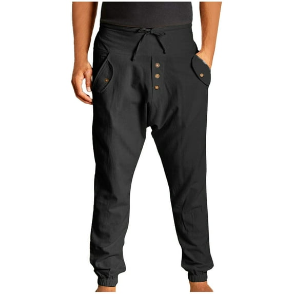 IROINNID Men's Pants Relaxed Skinny Cotton Linen Double Pockets Button High Waist Overalls Solid Color Rigid Waist Pants