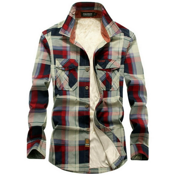 IROINNID Men's Plush Long Sleeve Plaid Casual Plus Velvet Padded Coat Shirt Jacket Cotton Clothes