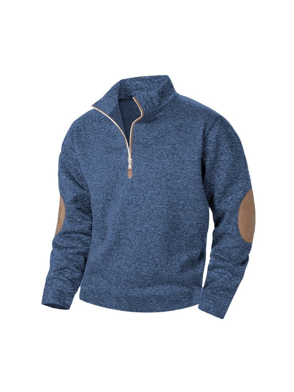 Men's Quarter Zip Pullover Sweatshirt Long Sleeve Mock Neck with Elbow Patches Contrast Trim Casual Top for Fall Winter Daily Wear