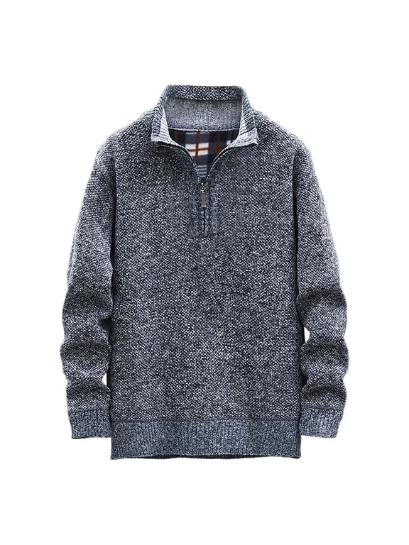 Men's Quarter Zip Ribbed Knit Pullover Sweater Stand Collar Long Sleeve Fleece Lined Casual Winter Warm Thermal Essential Knit Top