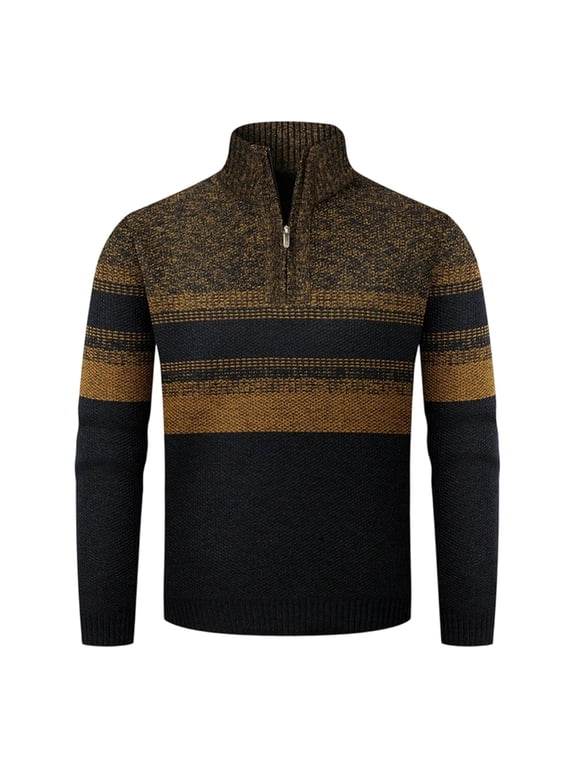 Men's Quarter Zip Stand Collar Knit Sweater Color Block Stripe Long Sleeve Pullover Top Casual Warm Winter Layering Essential Everyday Wear