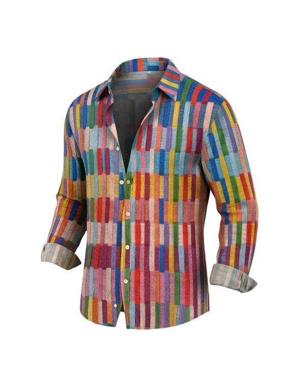 Men's Rainbow Striped Long Sleeve Button Down Shirt Turndown Collar Colorful Vertical Pattern Casual Top for Holiday Party Vacation and Daily Commute