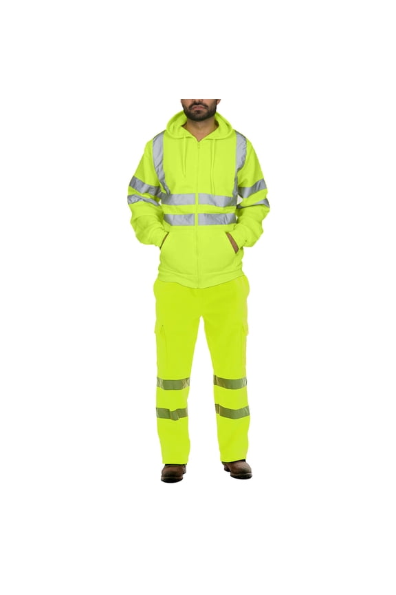 Men's Reflective Safety Jumpsuit Hooded Zip Up Long Sleeve Hi Vis Workwear Uniform with Cargo Pockets and Reflective Strips for Construction Warehouse Road Maintenance