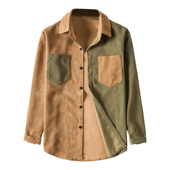 IROINNID Men's Shacket Turndown Lapel Long Sleeve Contrast Color Comfy Corduroy Fashion Multi-pocket Shirt Jacket