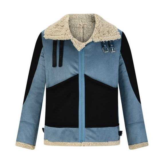 IROINNID Men's Shearling Turndown Lapel Long Sleeve Color Block Loose Jacket Stand Collar Motorcycle Fur Jacket Outwear & Jackets