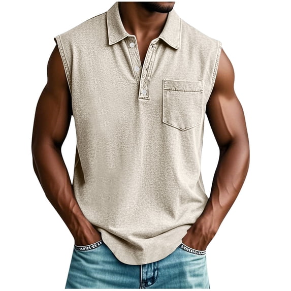 IROINNID Men's Sleeveless Collared Button Down Tank Top with Chest Pocket Solid Color Casual Summer Shirt Lightweight Breathable Gym Workout Sports Tee