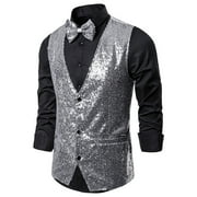 IROINNID Men's Sleeveless V-Neck Mid-Length Vest Solid Color Loose Autumn And Winter Personality Sequins Vest Jacket