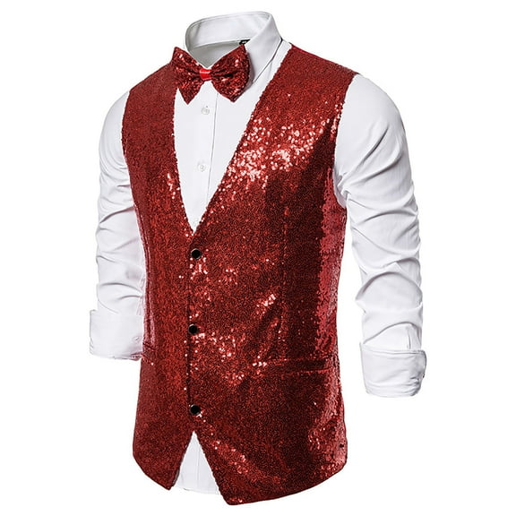 IROINNID Men's Sleeveless V-Neck Mid-Length Vest Solid Color Loose Autumn And Winter Personality Sequins Vest Jacket