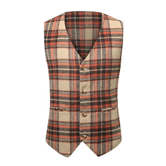 IROINNID Men's Sleeveless V-Neck Short Button Vest Plaid Leisure Lattice Single-breasted Pocket Slim Fit Vest Suit Business Waistcoat