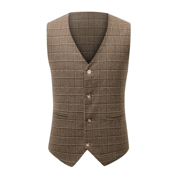 IROINNID Men's Sleeveless V-Neck Short Button Vest Solid Color Formal Lattice Single-breasted Pocket Slim Fit Vest Suit Business Waistcoat