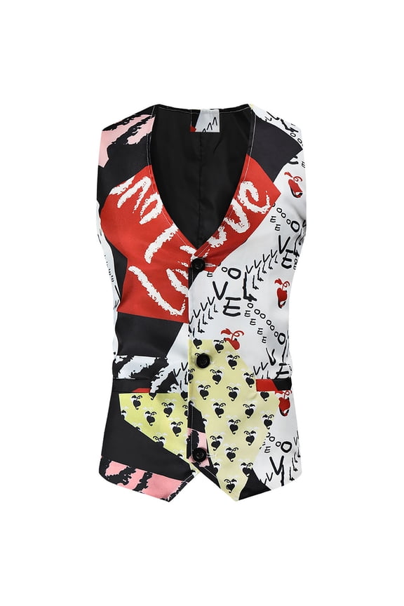 Men's Sleeveless V-Neck Short Vest Print Casual Autumn And Winter Valentine's Day Suit Vest