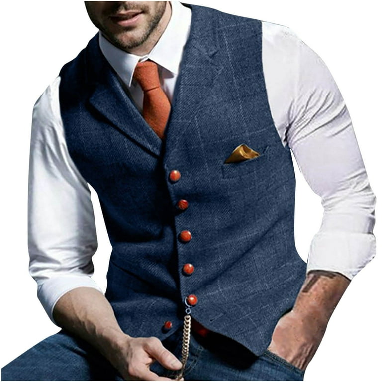 IROINNID Men's Sleeveless V-Neck Short Vest Solid Color Leisure Lattice  Turndown Single-breasted Slim Fit Vest Suit Business Waistcoat 