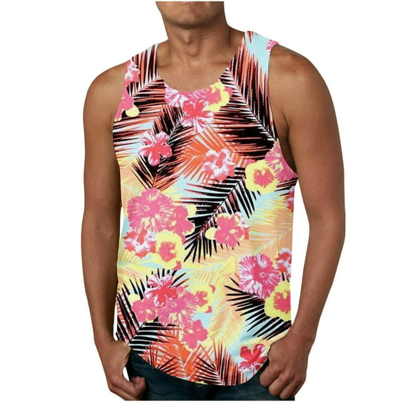 IROINNID Men's Sleeveless Workout Gym Tank Top, Tag Free & Moisture Wicking, Soft Undershirts Quick-Drying Casual Pullover Beach Floral Ribbed Stretch Fabric