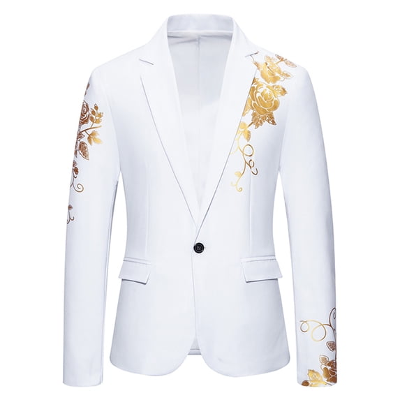 IROINNID Men's Slim Fit Blazer Gold Floral Embroidered One Button Suit Jacket Wedding Party Prom Tuxedo with Notched Lapel Pockets Lightweight Soft Fabric Formal Top