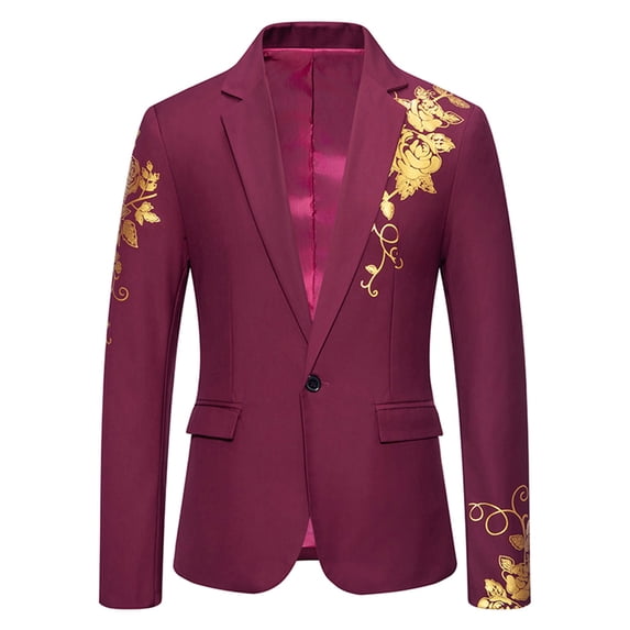 IROINNID Men's Slim Fit Blazer Gold Floral Embroidered One Button Suit Jacket Wedding Party Prom Tuxedo with Notched Lapel Pockets Lightweight Soft Fabric Formal Top