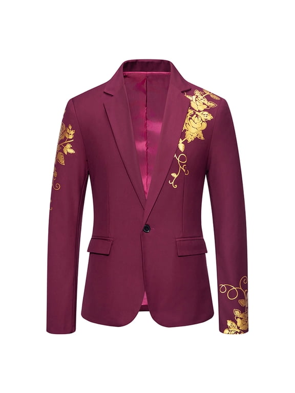 Men's Slim Fit Blazer Gold Floral Embroidered One Button Suit Jacket Wedding Party Prom Tuxedo with Notched Lapel Pockets Lightweight Soft Fabric Formal Top