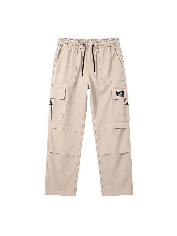 Men's Straight Leg Cargo Pants Drawstring Waist Relaxed Fit Utility Trousers with Multi Pockets Patch Detail Casual Outdoor Hiking Workwear for Fall Spring