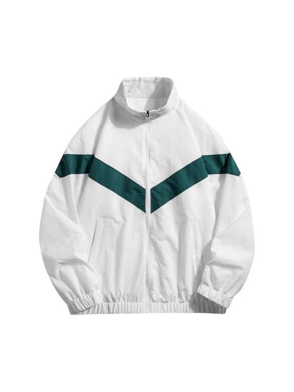 Men's Striped Stand Collar Track Jacket Full Zip Lightweight Windbreaker Casual Sportswear Loose Fit Outdoor Running Top with Side Pockets