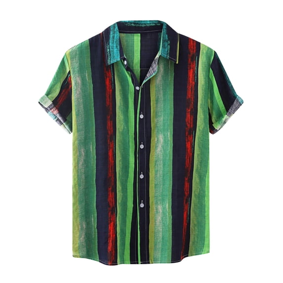 IROINNID Men's Summer Casual Short Sleeve Stripe Printed Turn down Comfy Blouse